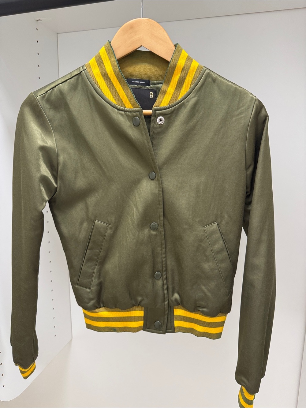 R13 Olive Green Bomber Jacket with Yellow Striped Trim